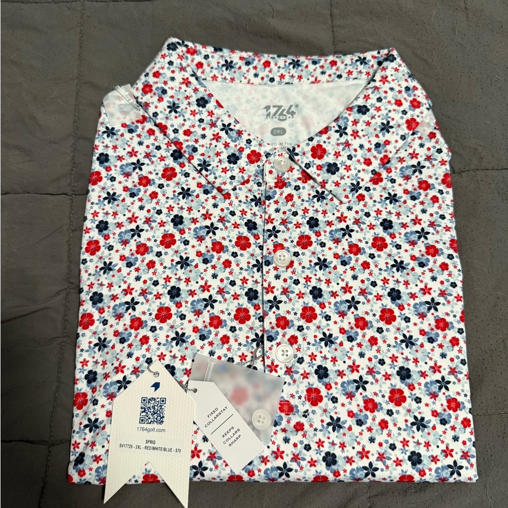 NWT 1764 Floral Golf Polo Shirt with Red and Blue Flowers